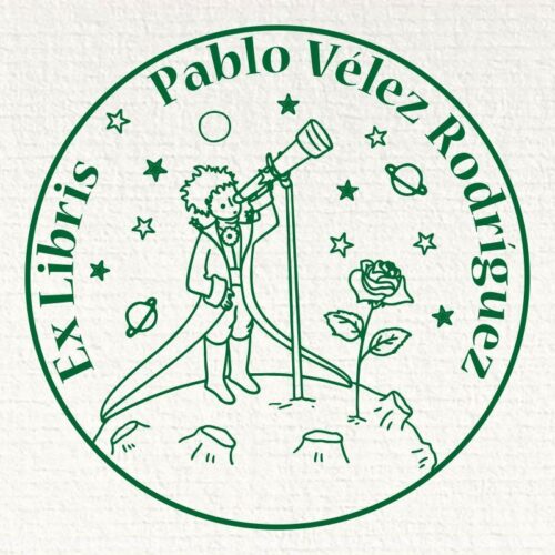 Ex Libris Principito con telescopioen globo